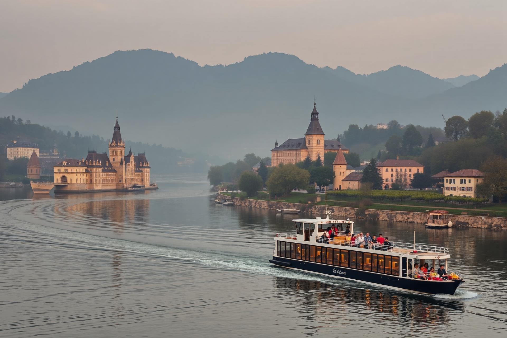 A river cruise ship glides past castles on a European river at golden hour